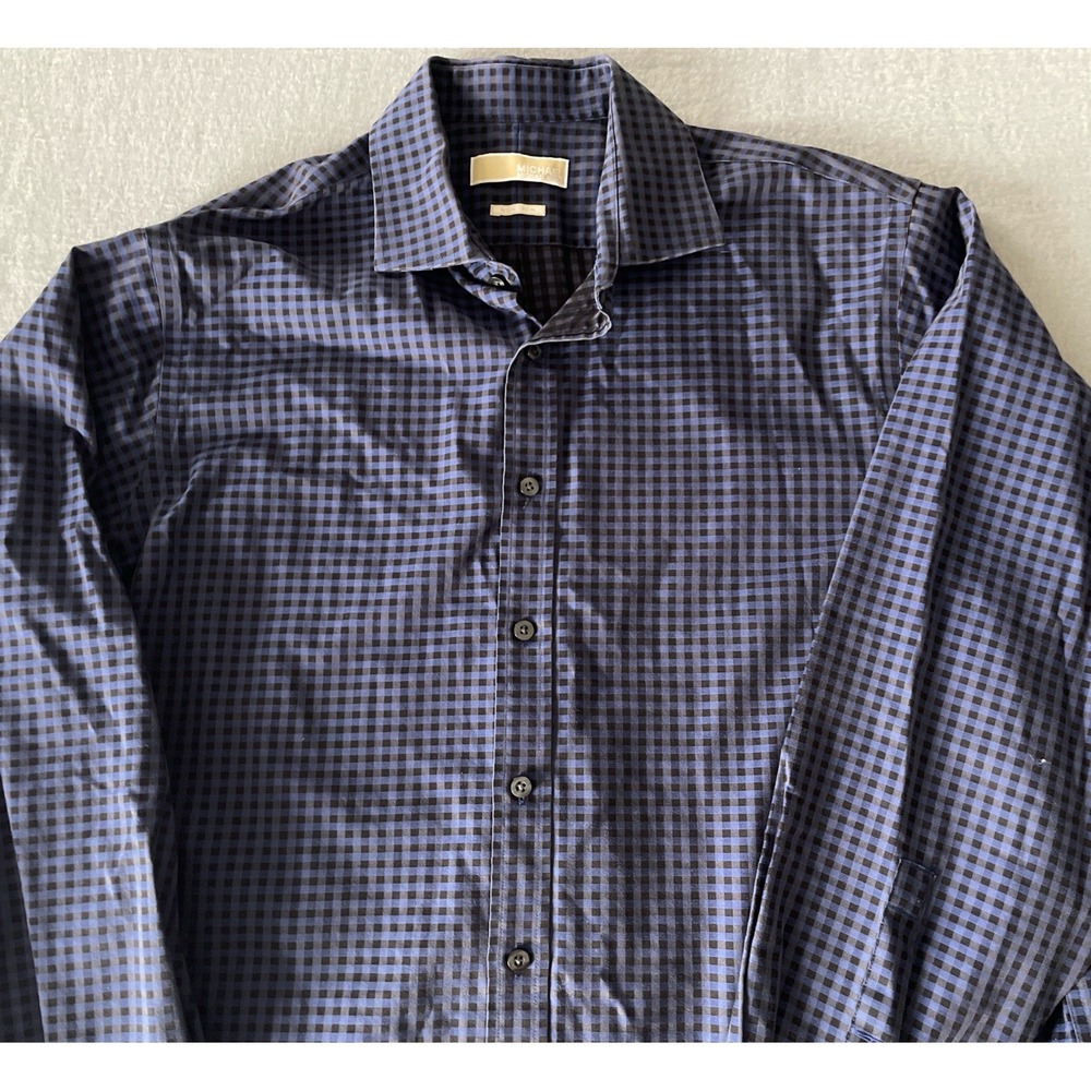 Michael Kors Non Iron Button Up Shirt Blue Black Gingham Check 17 34/36